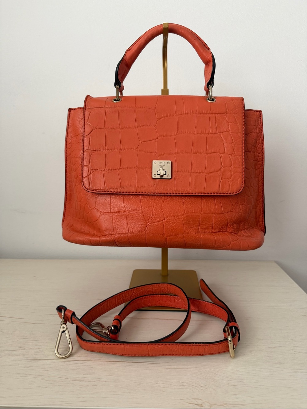 MCM Orange Croc-Embossed Top-Handle Satchel
